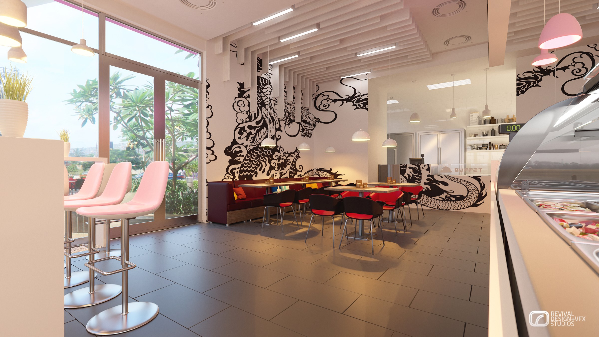 Interior visualization looking along the seating hall: pink-seated bar stools at a window counter, red and black chairs at small tables, a black dragon mural on the white wall, pink dome pendants under a slat ceiling, and a glass display case beyond.