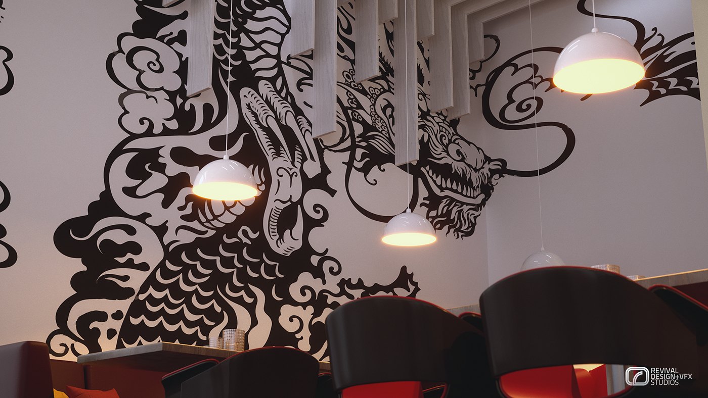 Evening visualization across the back wall: the black dragon mural lit from above by glowing dome pendants, dark chairs with red seats at the near tables, and the pattern continuing around the corner of the room.