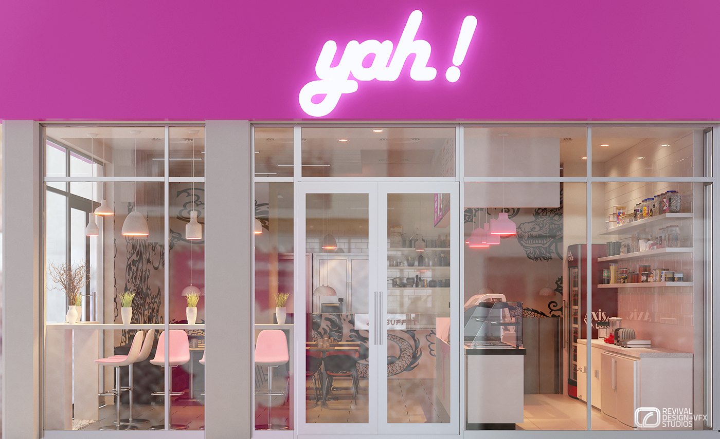 Storefront elevation visualization: a magenta fascia band carrying the white script yah! logo over full-height glazing with white mullions and sliding doors, the pink stools, counter and shelves readable through the glass.