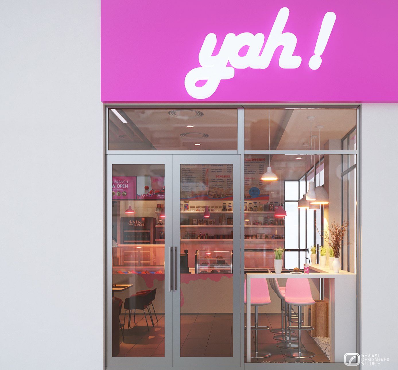 Closer storefront visualization of the same elevation, the yah! wordmark filling the magenta fascia above the door, warm pendant light inside, and a pink bar stool visible through the glazing at the right.