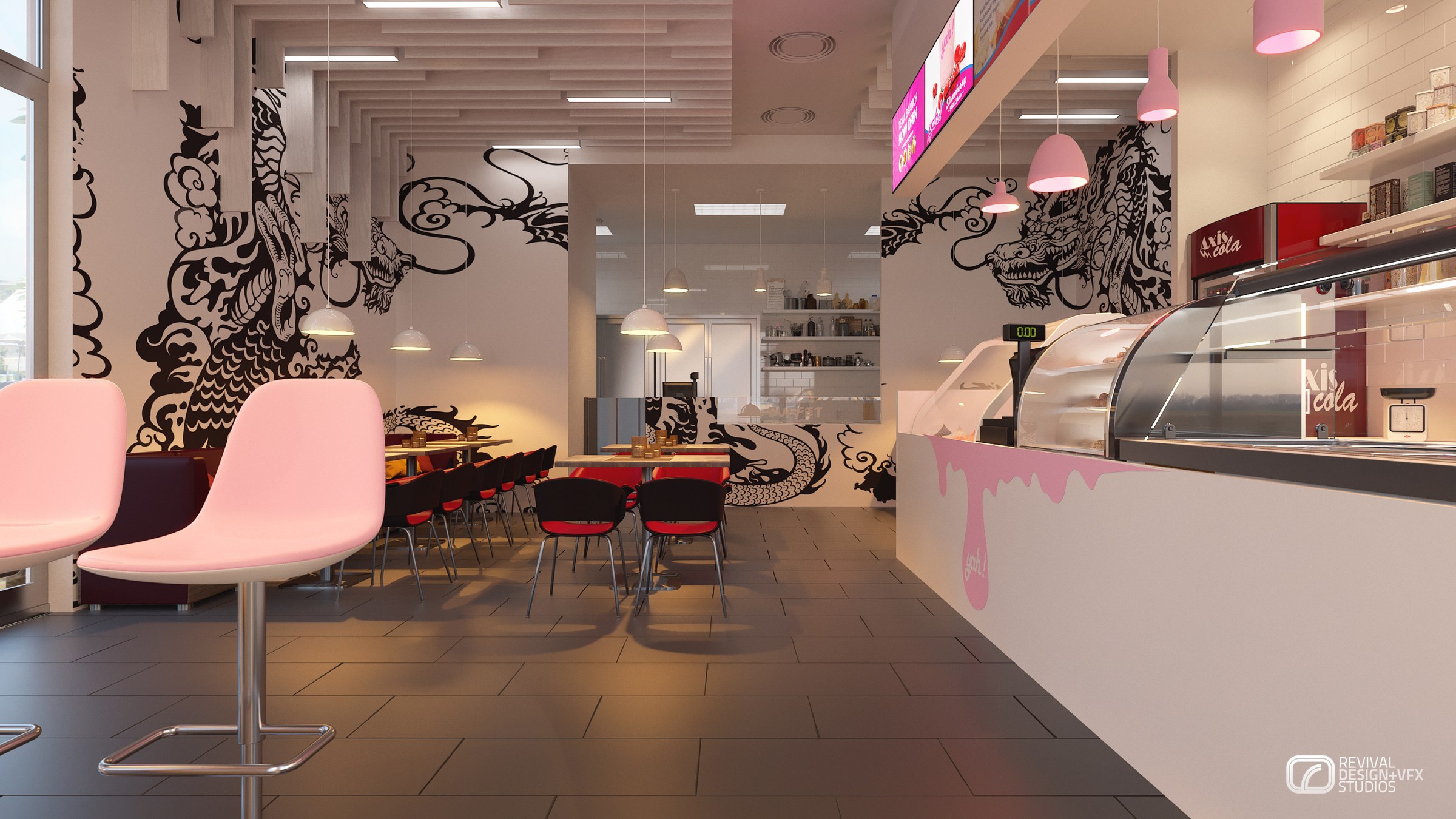 Visualization toward the service counter: a white counter front painted with a pink drip along its top edge, a curved glass chilled display, pink pendant domes, dragon graphics wrapping the columns and red chairs receding into the seating area.