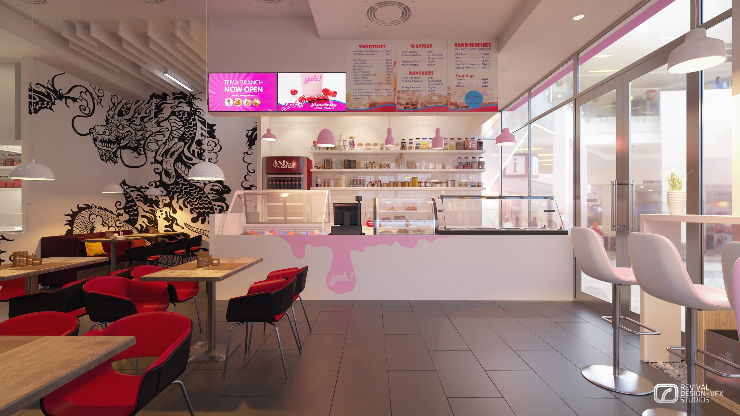 Counter-front visualization: illuminated menu panels and a pink open sign above shelves of packaged product, the glass display cabinet below, the pink drip motif on the white counter, and bar stools lined along the shopfront glazing at the right.