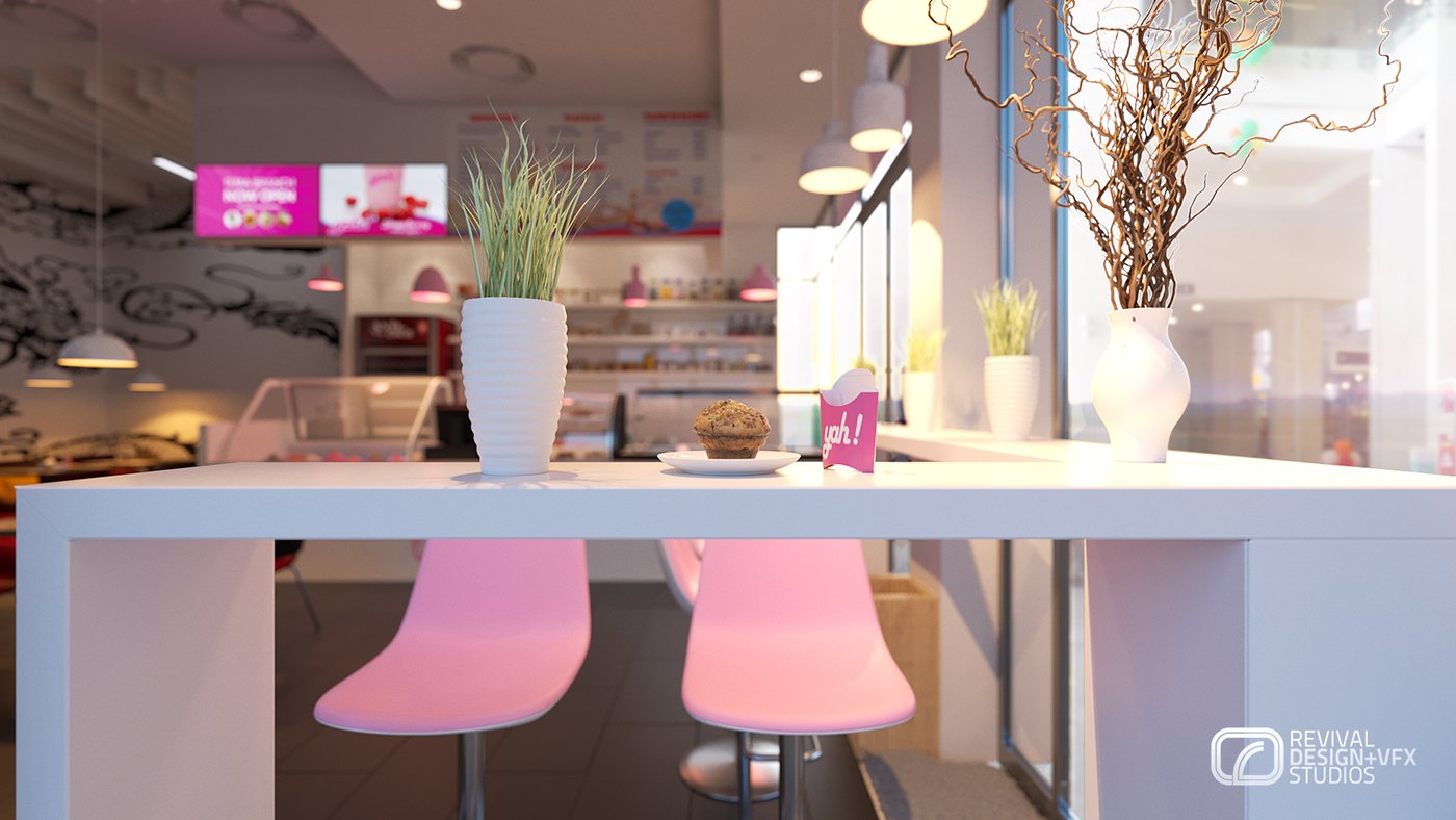 Detail visualization of a white high table with two pink molded chairs, a muffin on a plate, a small tent card printed with the yah! mark, and vases of dried branches, with the counter softly blurred behind.