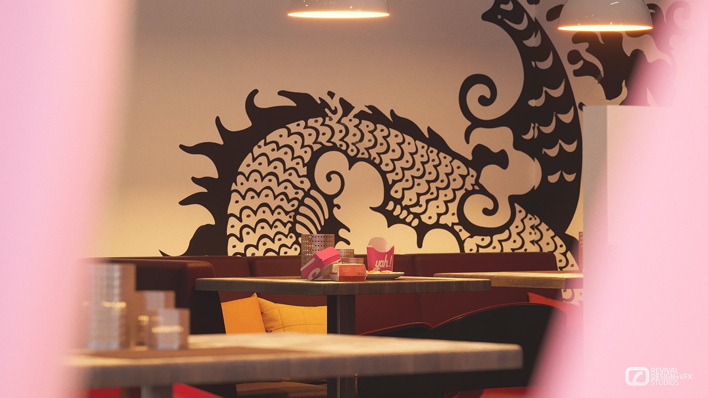 Yah! - the black dragon mural close-up: scaled body and curling fins filling a cream wall, shot between two out-of-focus pink columns