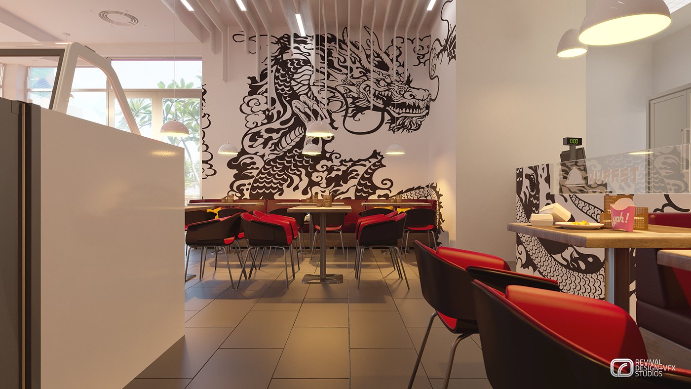 Wide seating visualization: the full dragon mural spread across the rear wall above rows of light timber tables with red and black chairs, a white banded ceiling with disc pendants, and the mall glazing letting in daylight at the left.