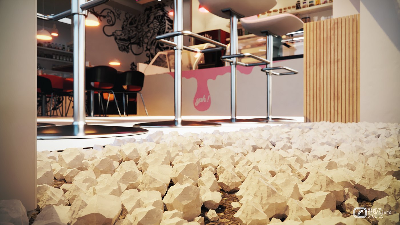 Low detail visualization of a white pebble-filled plinth beneath a chrome table base, a timber slat screen beyond, and the red banquettes and dragon wall out of focus in the background.