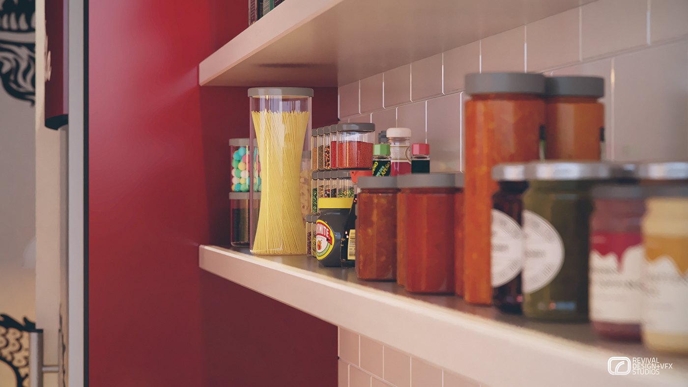 Shelf detail visualization: glass jars of ingredients, bottles and stacked tubs on a white floating shelf against a deep red wall, with the edge of the black dragon graphic visible at the left.