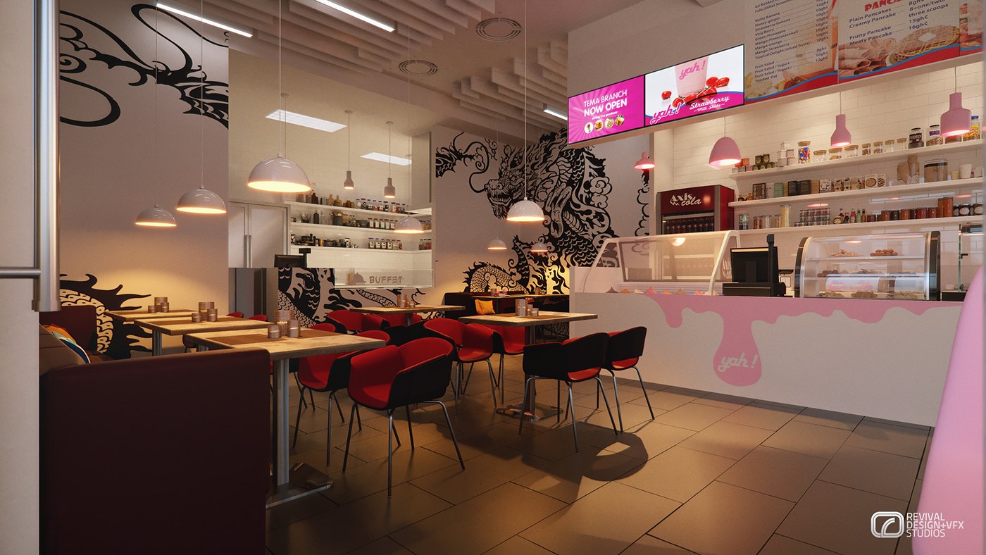 Interior visualization of the hall in lower light: cone and dome pendants glowing over the seating, the counter and its pink drip at the right, illuminated menu boards above the product shelves, and dragon murals on the columns.