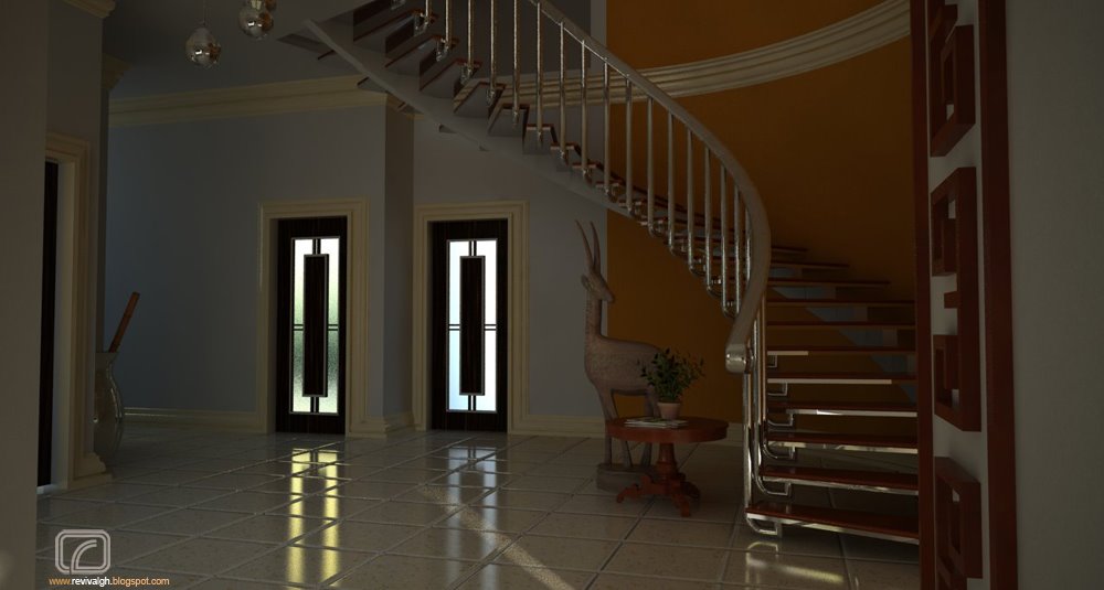 The entrance hall seen from floor level: a floating stair with timber treads and a chrome balustrade sweeps up the right-hand side against a curved ochre wall, two tall glazed doors with frosted geometric panels stand on a pale blue-grey wall to the left of it, a tall antelope sculpture and a round pedestal table with a plant sit under the stair, a large narrow vase stands at the far left, three globe pendants hang from the cornice, and the speckled pale floor tiles take the daylight as long reflections; the frame carries only the studio&rsquo;s mark and blog address.