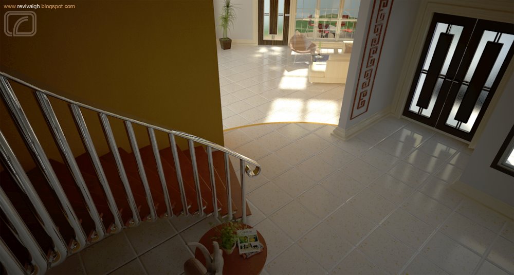 The same hall from the other end, looking down over the curved chrome balustrade from the stair landing: the timber treads drop away at the left against the ochre wall, the pale tiled floor sweeps round to a glazed double front door at the right and an opening ahead onto a sunlit sitting area with a chair and a plant, the red-and-cream Greek-key relief panel repeats on the pier, and a small round table with a plant and magazines sits at the foot of the stair.