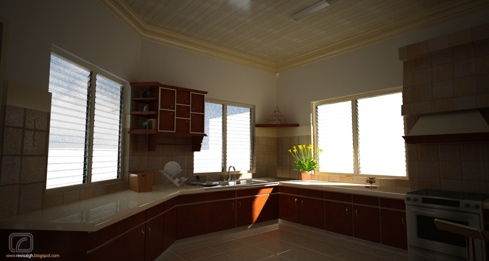 The kitchen, dressed in dark timber cabinets run along two walls under pale worktops: three windows with venetian blinds light the sink and a bank of wall shelves at the left, a tiled chimney hood and a range cooker with an oven sit at the right, a bowl of flowers stands on the counter, and the floor and splashback are laid in large pale tiles.