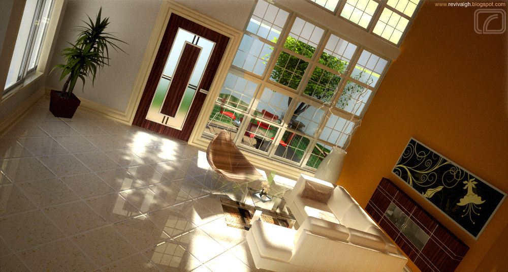 The living room, shown on a deliberate diagonal: a wall of grid-glazed windows and a glazed door looks out on greenery, an ochre wall at the right carries a wide framed floral print above a low dark cabinet, a white sofa and an armchair sit around a glass coffee table on the pale tiled floor, and a tall potted plant stands by the windows.