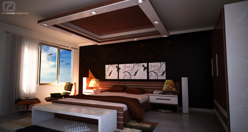 The bedroom, built on a dark feature wall panelled with a three-part white floral print above a low timber bed dressed in brown linen: a coffered ceiling with a timber inlay and a run of downlights sits overhead, a window at the left looks out on sky and birds beside a lounge chair and ottoman, a white bench and low table stand at the foot of the bed, and a tall wardrobe with an etched floral pattern closes the right-hand side.