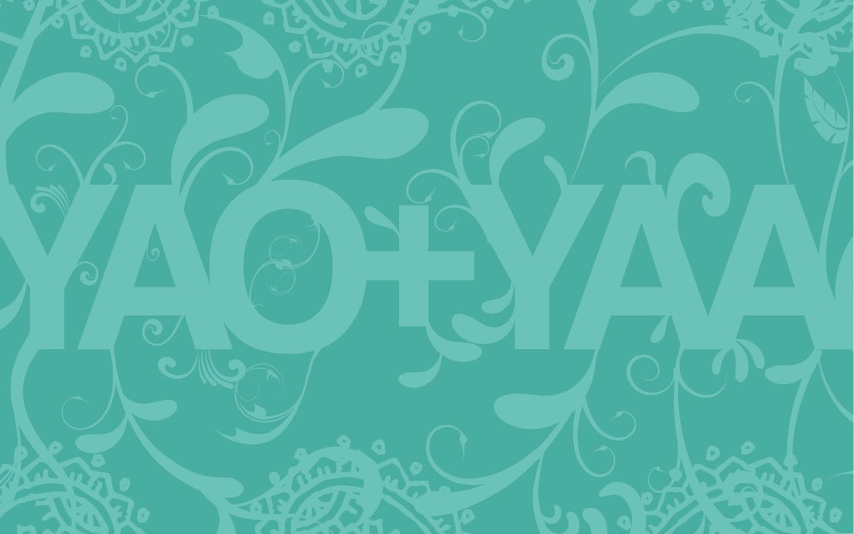 Yao + Yaa — the two day-names set tone-on-tone in pale teal capitals across a sea-green field of paisley and floral line ornament
