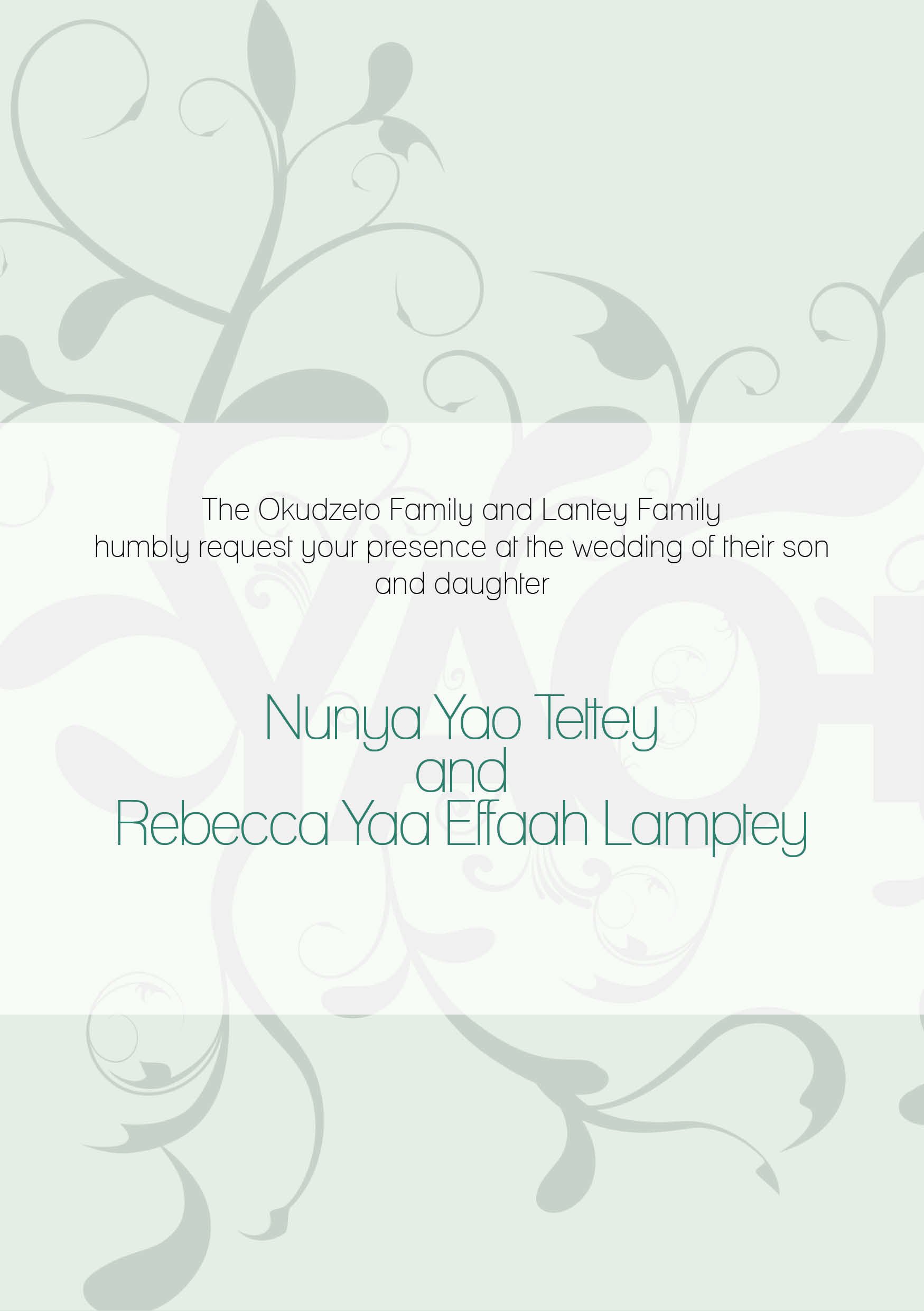 Request panel: the Okudzeto and Lantey families' line in a thin geometric sans, with Nunya Yao Tettey and Rebecca Yaa Effaah Lamptey in teal below