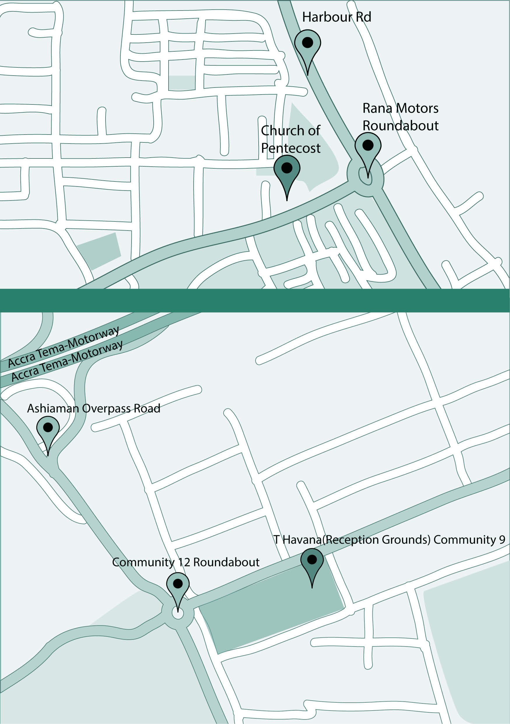 Directions: two street maps of Tema redrawn in pale green and grey, pin-marking the Church of Pentecost and the T Havana reception grounds