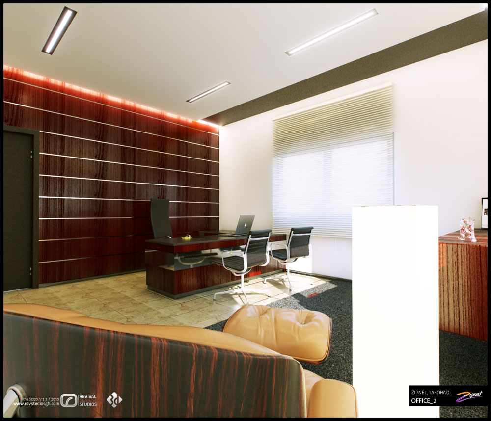 An interior render of an executive office: a feature wall of red-brown striped veneer broken by thin metal reveal strips and washed by a warm cove of light at the ceiling, with two linear surface fixtures overhead. A dark executive desk holds an open laptop and faces two black mesh guest chairs on a white plinth; a venetian-blinded window sits at the left, the back of a caramel leather sofa fills the near foreground, and a credenza carrying the Zipnet logo closes the right.
