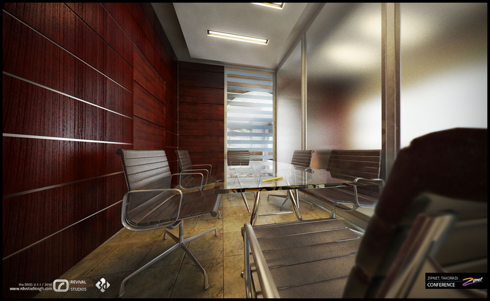 A boardroom rendered from one end of a long glass-topped table set with chrome-framed grey leather chairs. The same red-brown striped veneer wraps the left wall while a wide partition of frosted glass, banded with etched horizontal stripes, takes the right and glows with borrowed daylight. Tan tile flooring runs the length of the room and linear fixtures sit in the pale ceiling above the table.