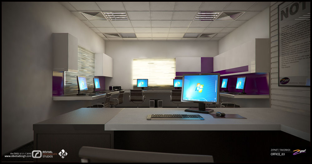 The open-plan engineers&rsquo; floor: runs of white and grey desk divided by low purple screens, several monitors lit with a default blue desktop, beneath a grey tiled lift-ceiling set with recessed luminaires. Purple wall panels close the far end and a framed notice board carrying the Zipnet logo hangs at the right.