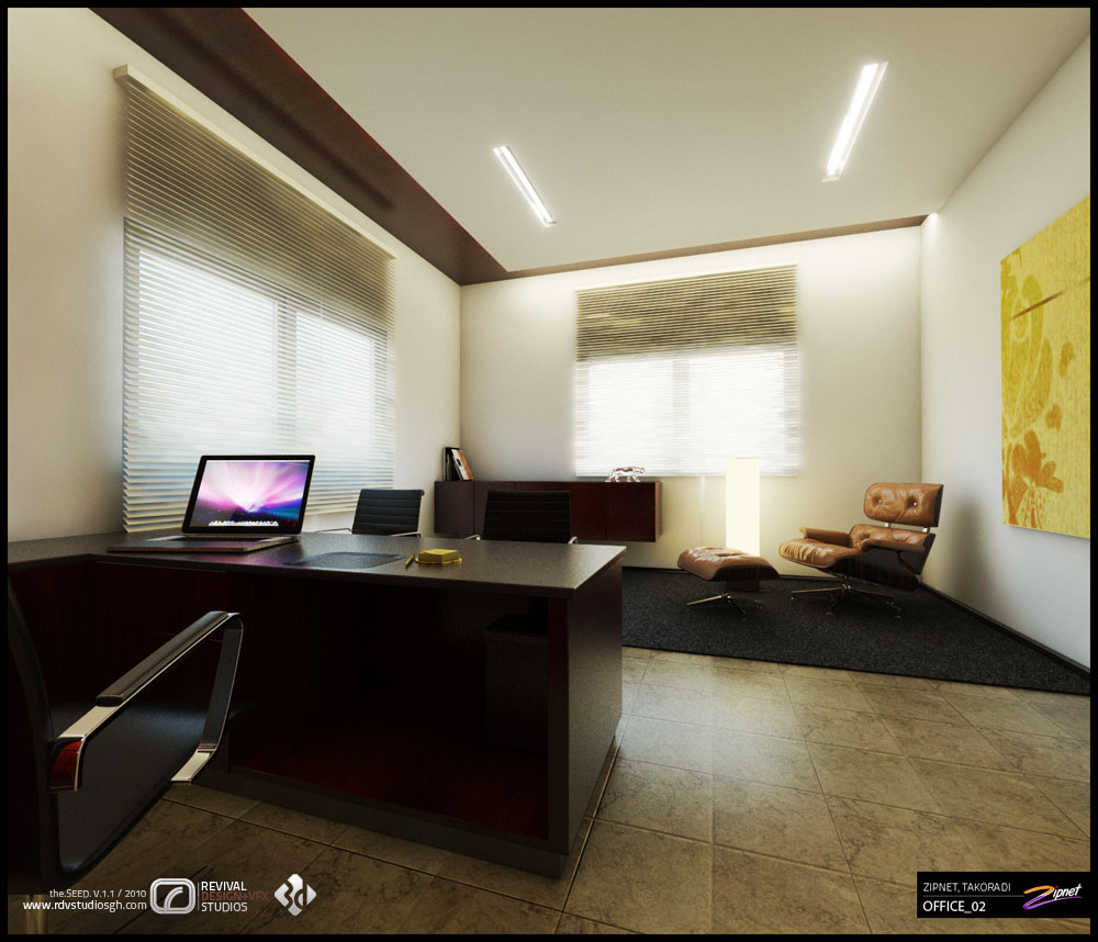 The executive office from the opposite end: a dark veneer L-shaped desk with an open laptop and a black task chair in the foreground, two windows dressed in venetian blinds along the left wall and a low fitted credenza beneath the far one. A lounge corner of a caramel leather chair and ottoman sits on a square of black carpet beside a slim floor lamp, a yellow abstract panel hangs on the right wall, and a dark wood trough crosses the ceiling over tan tile flooring.