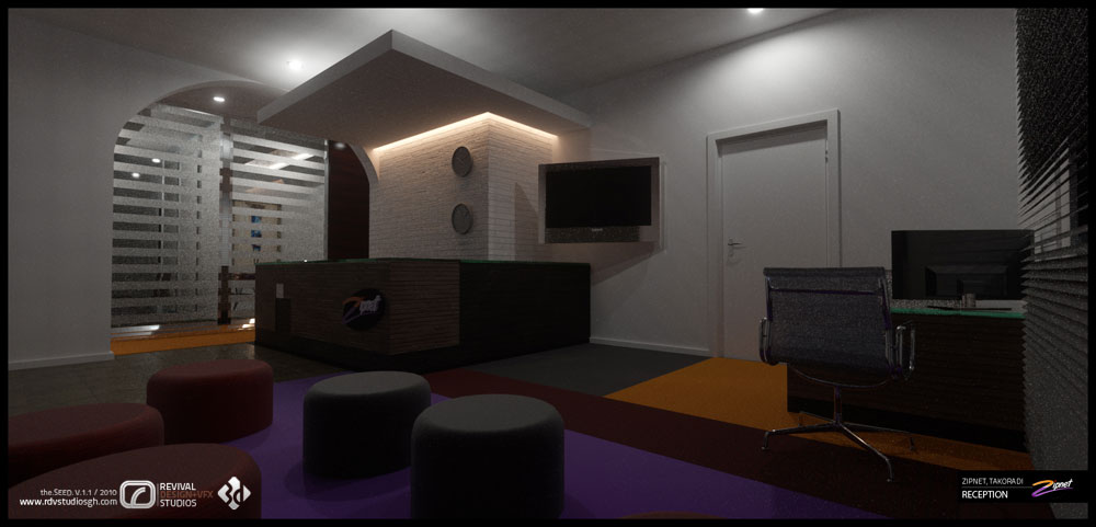 The same reception view after dark, the daylight behind the striped glass gone and the room lit instead by the cove above the desk and scattered downlights. The white brick column reads warmer, the floor graphic deepens to violet and oxblood, and the rest of the space falls into shadow.